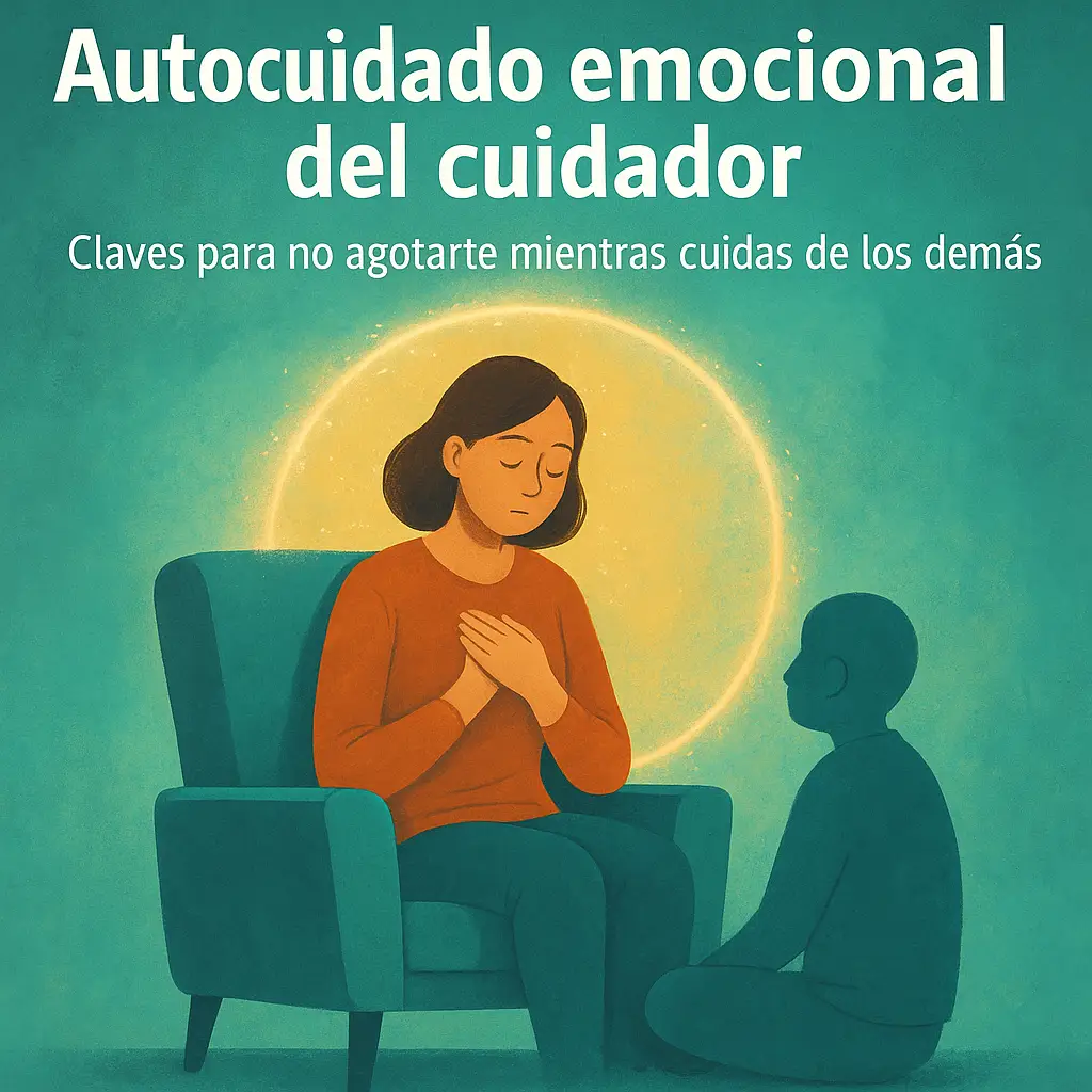 ilustración de una cuidadora sentada con las manos en el pecho practicando autocuidado emocional mientras acompaña a una persona dependiente