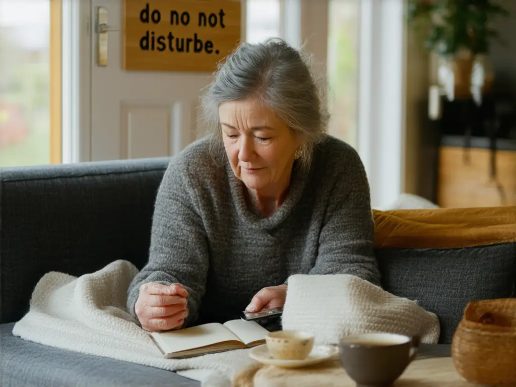 mujer mayor sentada en el sofá escribiendo en una libreta y tomándose un descanso para su autocuidado emocional