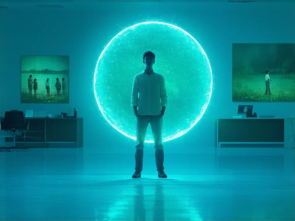 joven de pie en una sala iluminada por un círculo de luz turquesa que simboliza sus límites personales y el cuidado de su espacio emocional