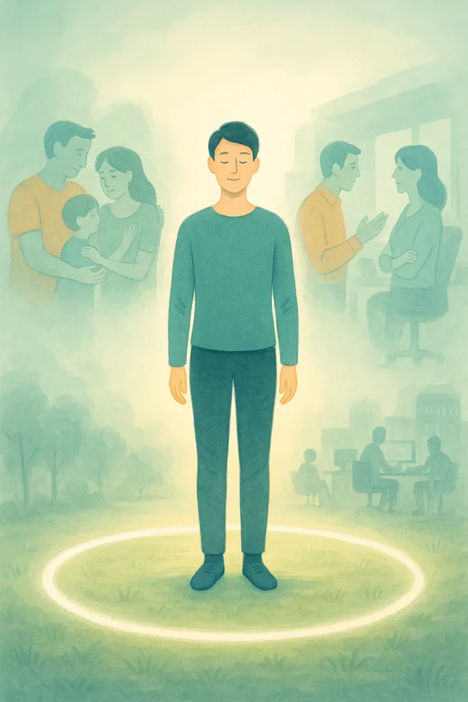 persona tranquila marcando límites sanos con un círculo de luz entre ella y su familia, su pareja y el entorno laboral