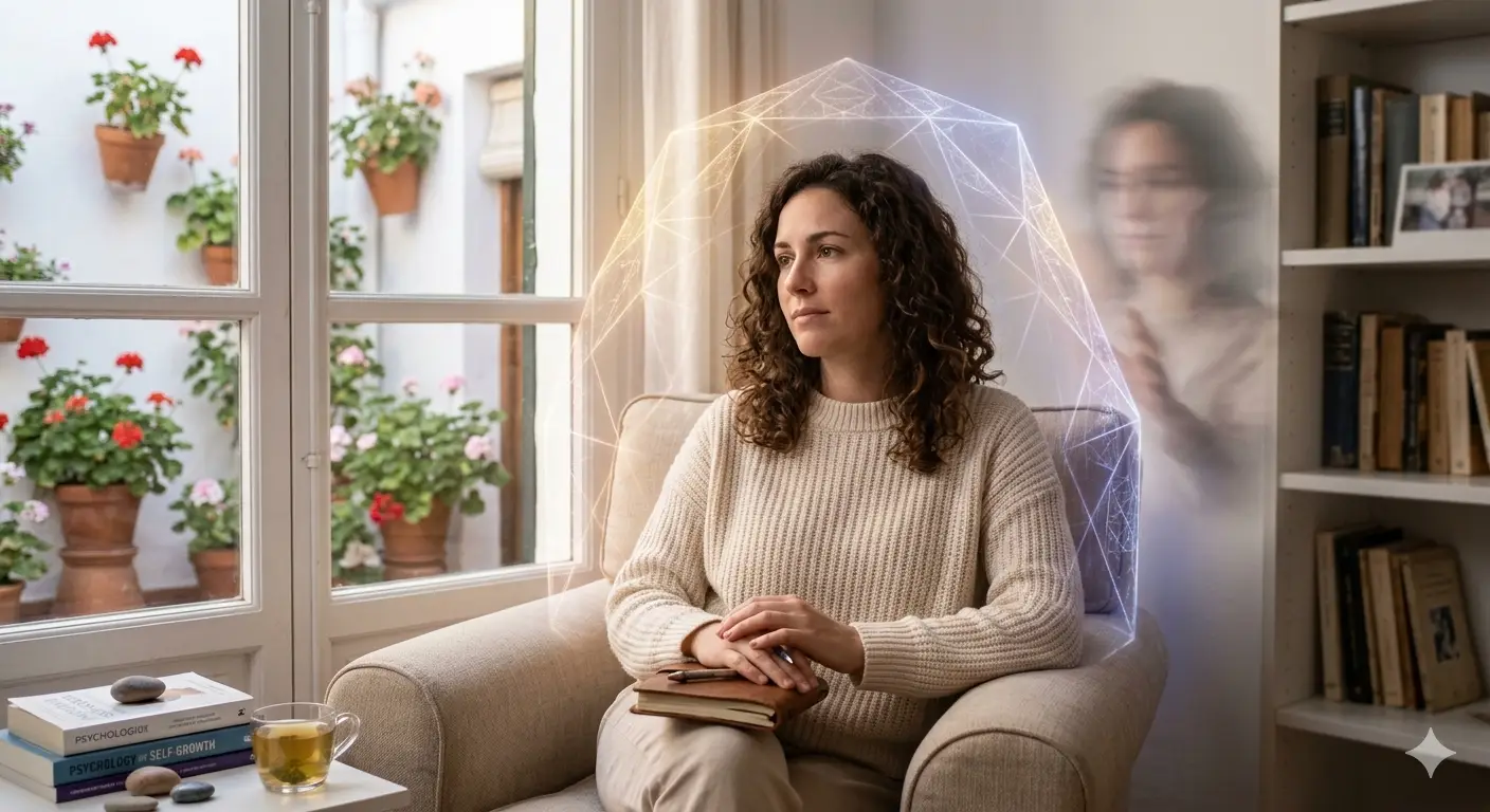 Una mujer sentada tranquilamente en un sillon protegida por un escudo de luz geometrico, mientras una figura borrosa que representa un recuerdo se desvanece al fondo, simbolizando el establecimiento de limites emocionales y superacion personal.