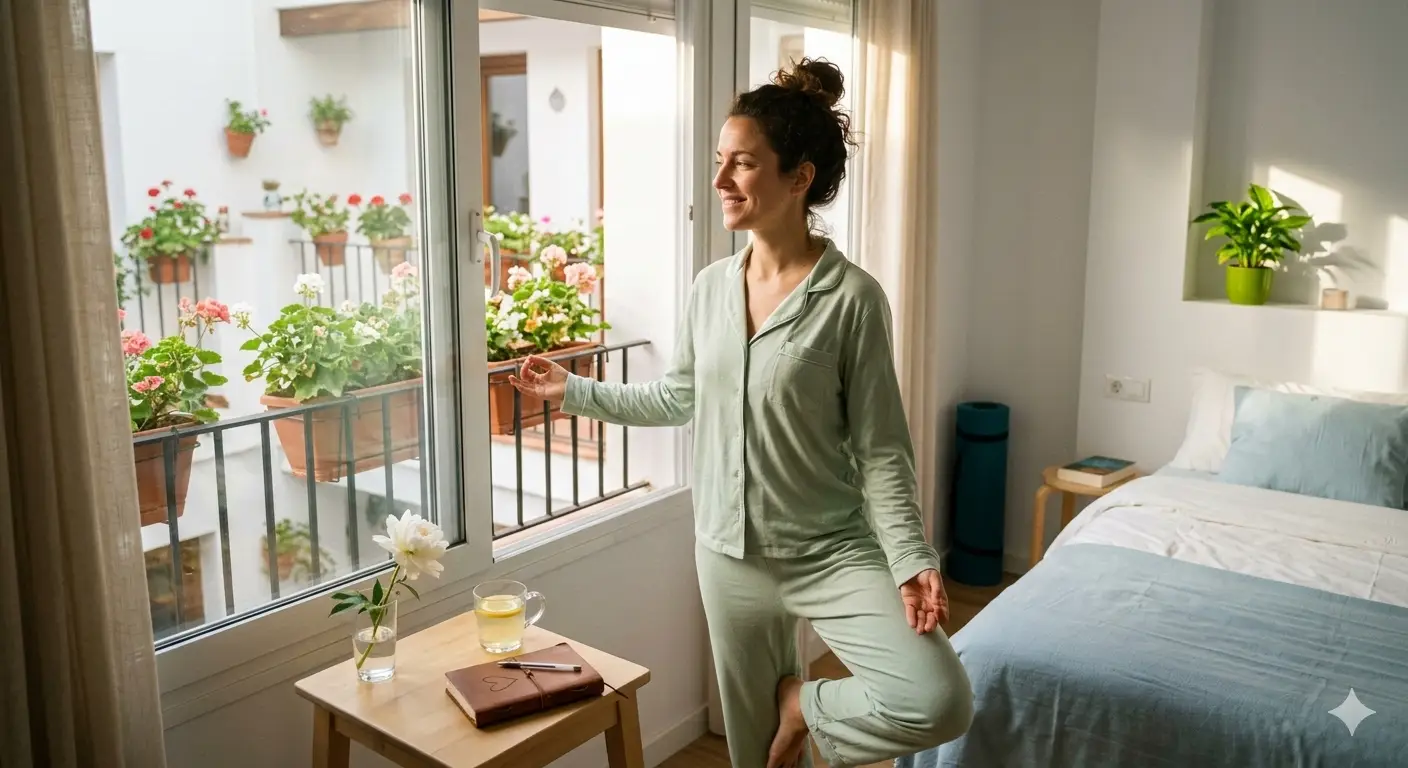 Mujer sonriente en pijama practicando una postura de yoga sencilla junto a una ventana con luz natural y plantas, simbolizando una rutina de mañana saludable y bienestar personal.
