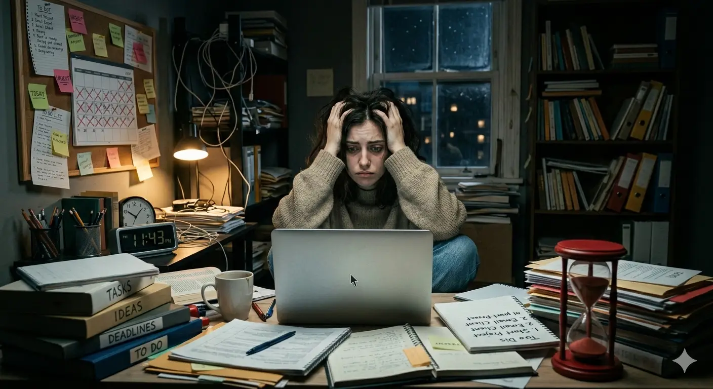 Una persona abrumada frente a un ordenador en una habitación desordenada por la noche, rodeada de montañas de carpetas con etiquetas de "tareas" y "fechas límite", representando el bloqueo mental de la procrastinación crónica.
