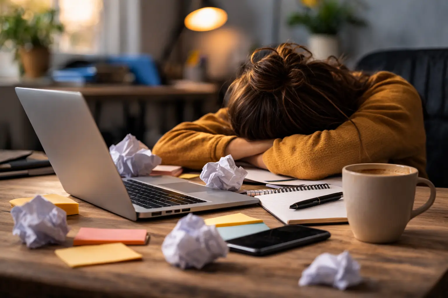 Persona agobiada procrastinando en escritorio con portatil y notas