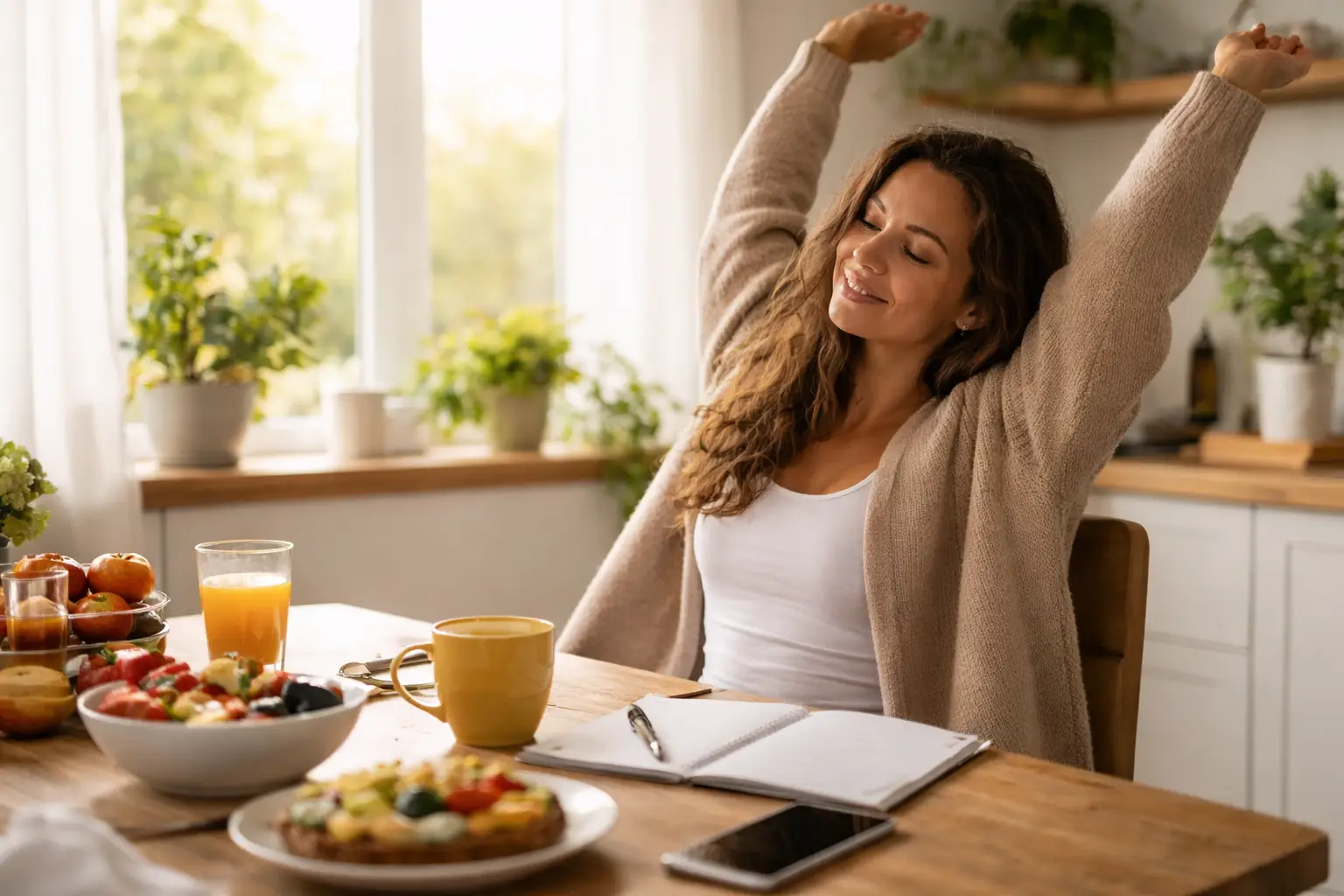 Persona estirandose en la cocina con desayuno saludable y libreta